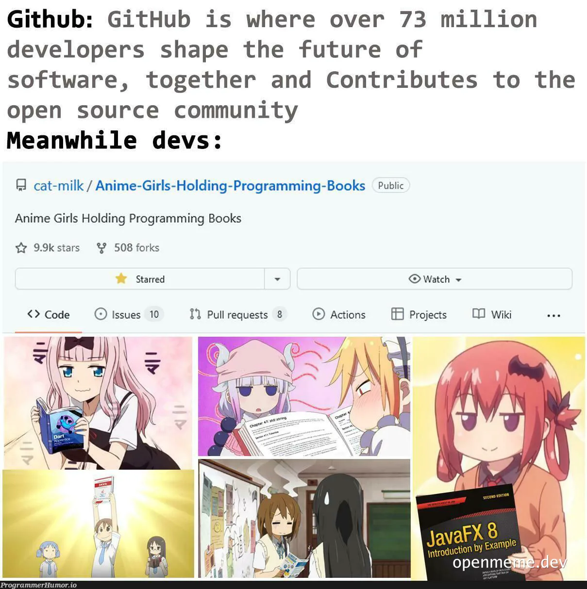 Github meme: developers on Github vs anime girls holding programming books