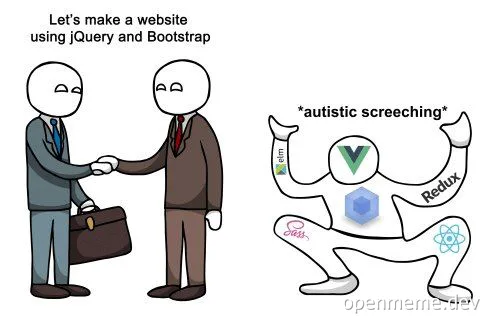 Two businessmen shake hands while a third person reacts dramatically to web development technologies