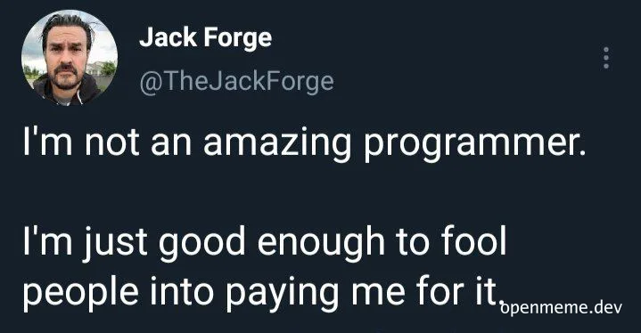 programmer humor, I'm not an amazing programmer. I'm just good enough to fool people into paying me for it.