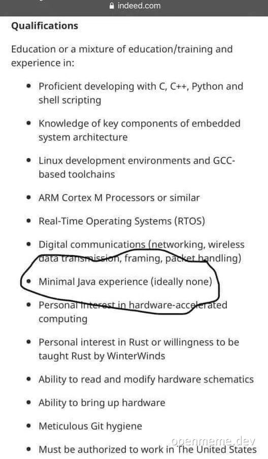 job listing with highlighted 'Minimal Java experience (ideally none)'