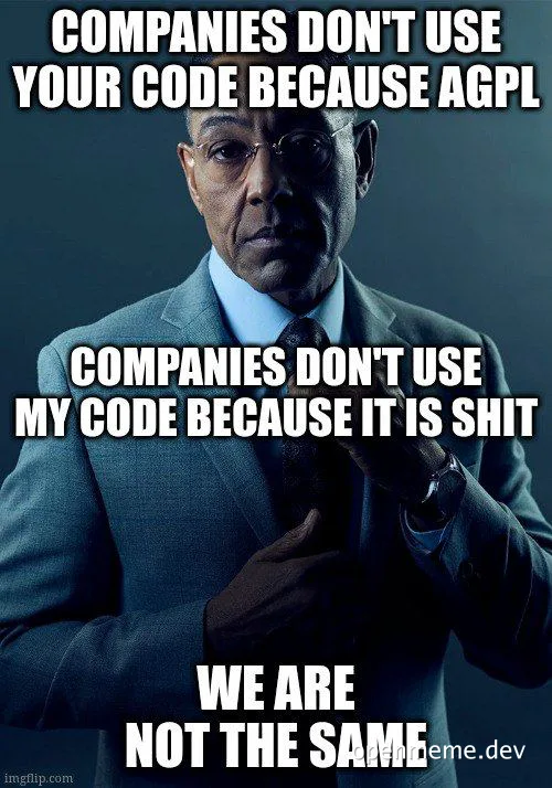 humorous image of a man in a suit with text about code usage