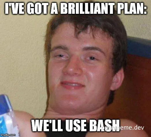 a man with a smug expression and text 'I'VE GOT A BRILLIANT PLAN: WE'LL USE BASH'