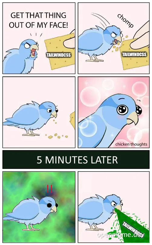angry blue bird meme about tailwind css