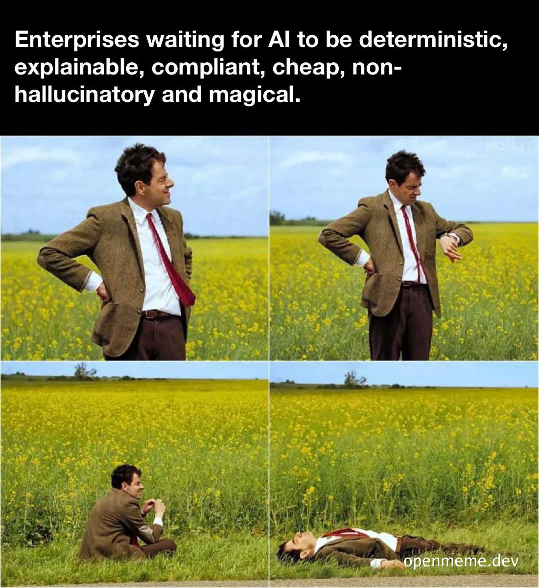 Mr. Bean in a field, expressing frustration in four different poses
