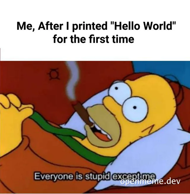 Simpsons character smoking a cigar with a smug expression, text 'Me, After I printed "Hello World" for the first time' and 'Everyone is stupid except me'