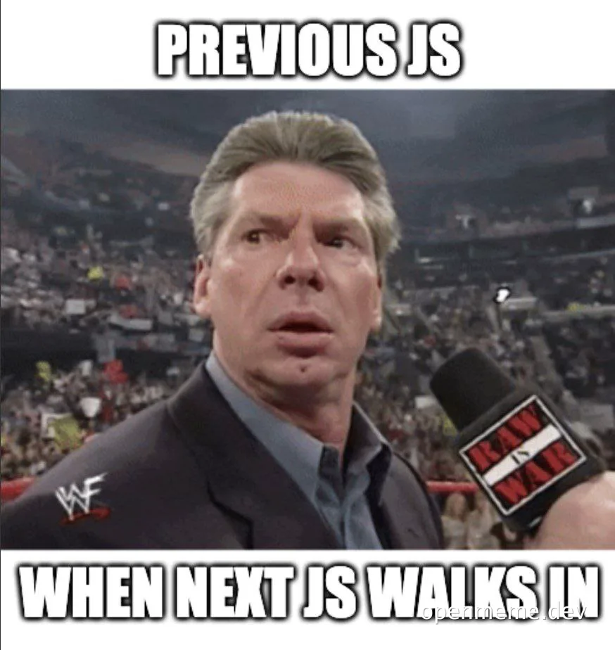 Vince McMahon looking shocked with a microphone in hand
