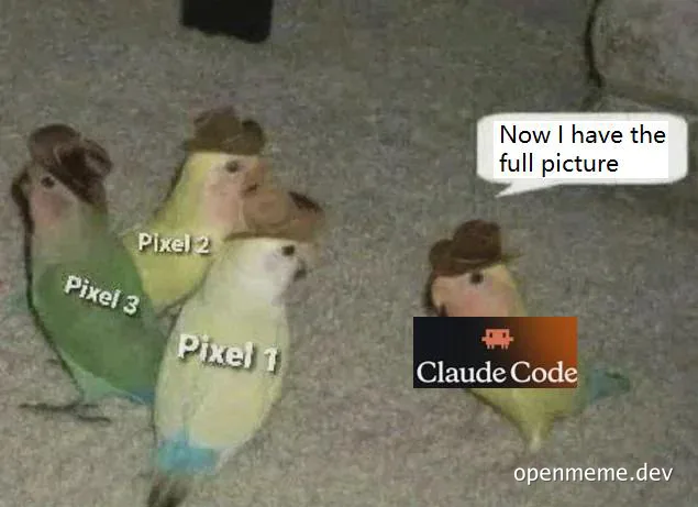Birds labeled Pixel 1, Pixel 2, and Pixel 3, with a fourth bird labeled Claude Code saying 'Now I have the full picture'.