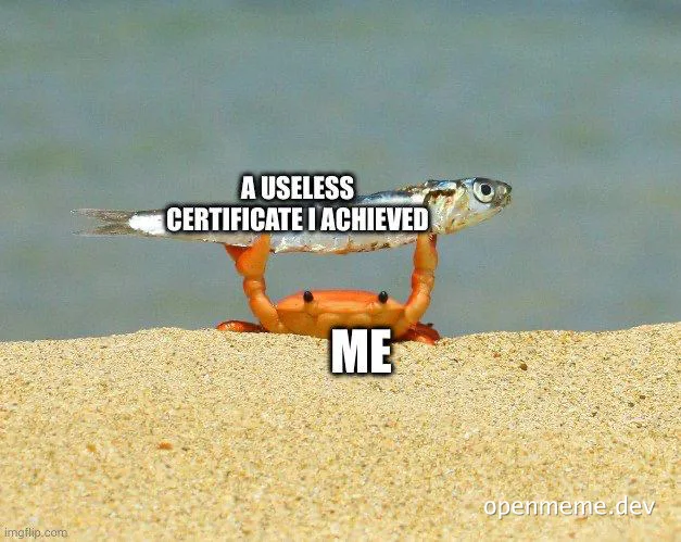 A crab holding a fish labeled 'A USELESS CERTIFICATE I ACHIEVED' with the label 'ME' on the crab.