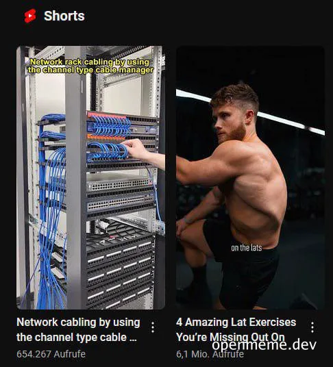 Split screen comparing organized blue network cables in a server rack with a muscular man performing lat exercises.
