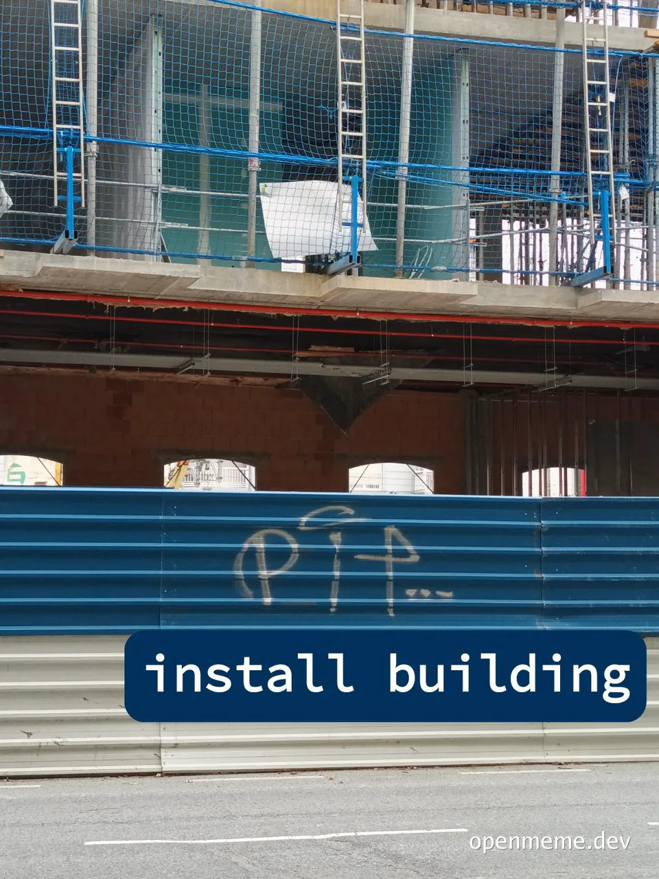 Photo of a construction site with scaffolding and a blue fence, overlaid with a blue banner reading 'install building'.