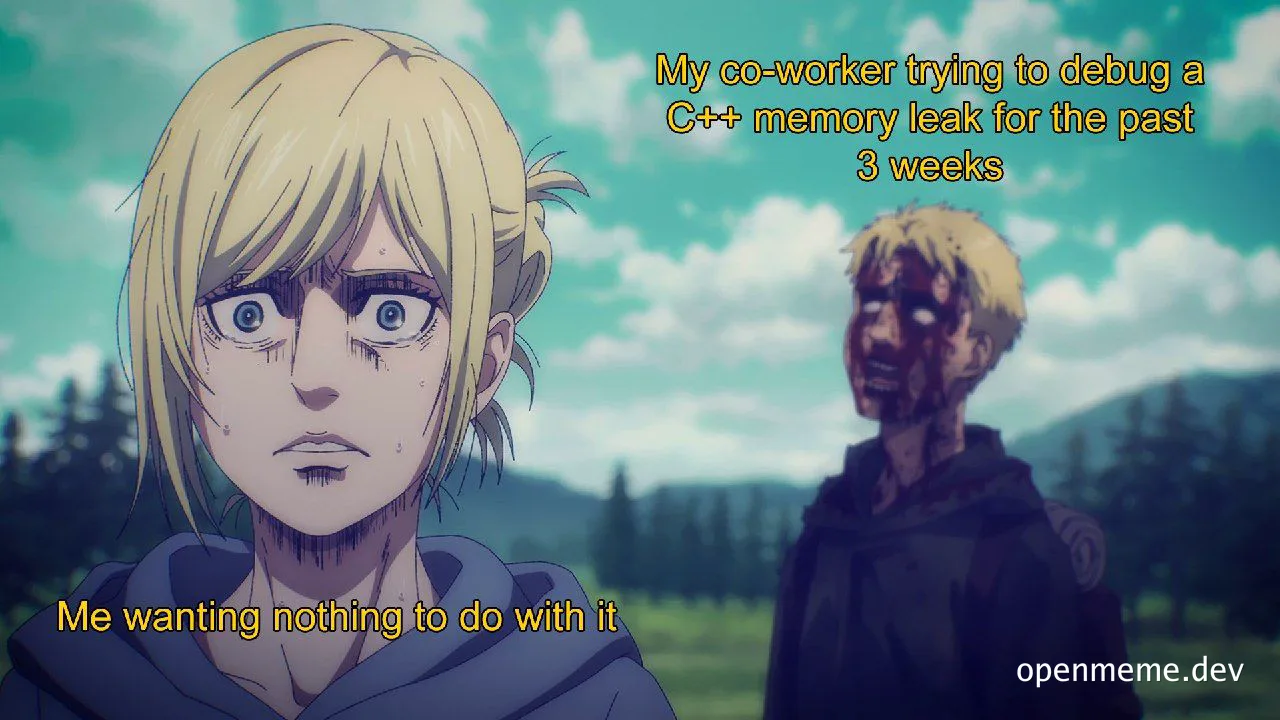 Anime-style meme of two characters, one looking concerned and the other appearing zombie-like, with text about avoiding a coworker's C++ memory leak issue.
