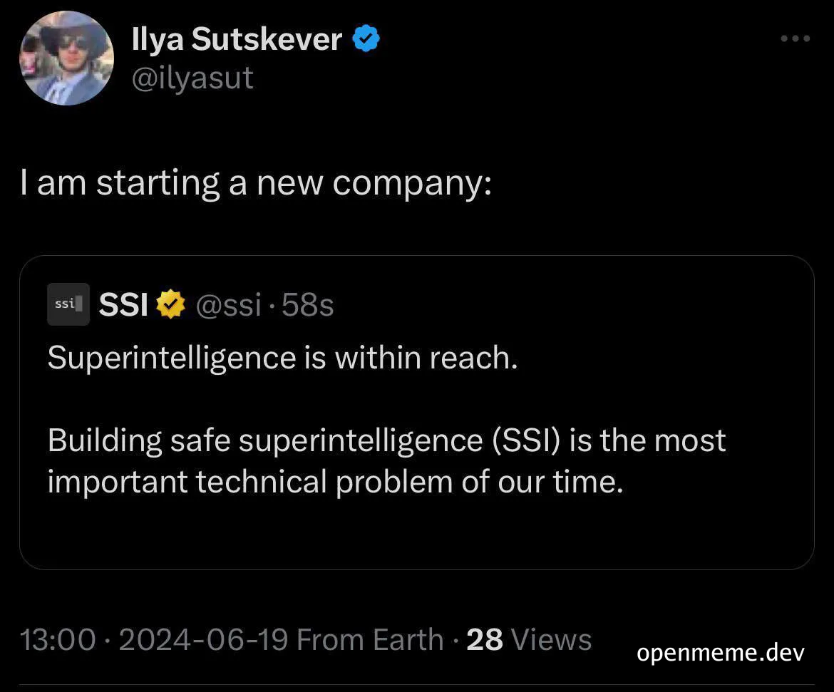 Ilya Sutskever tweet about new company Superintelligence