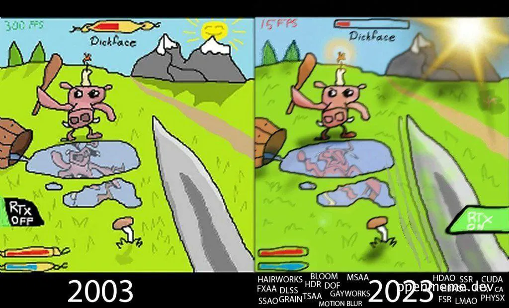 Dickface character from video game with RTX graphics comparison