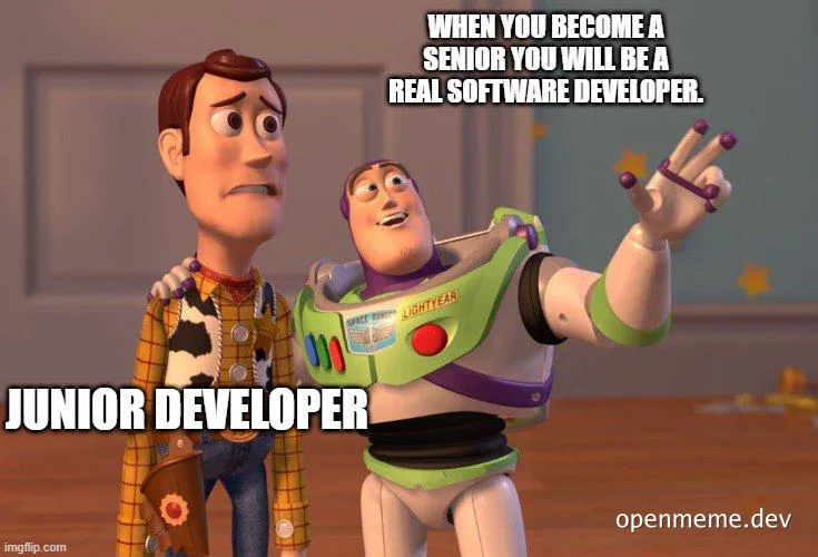 toy story characters woody and buzz lightyear with text 'when you become a senior you will be a real software developer. junior developer'