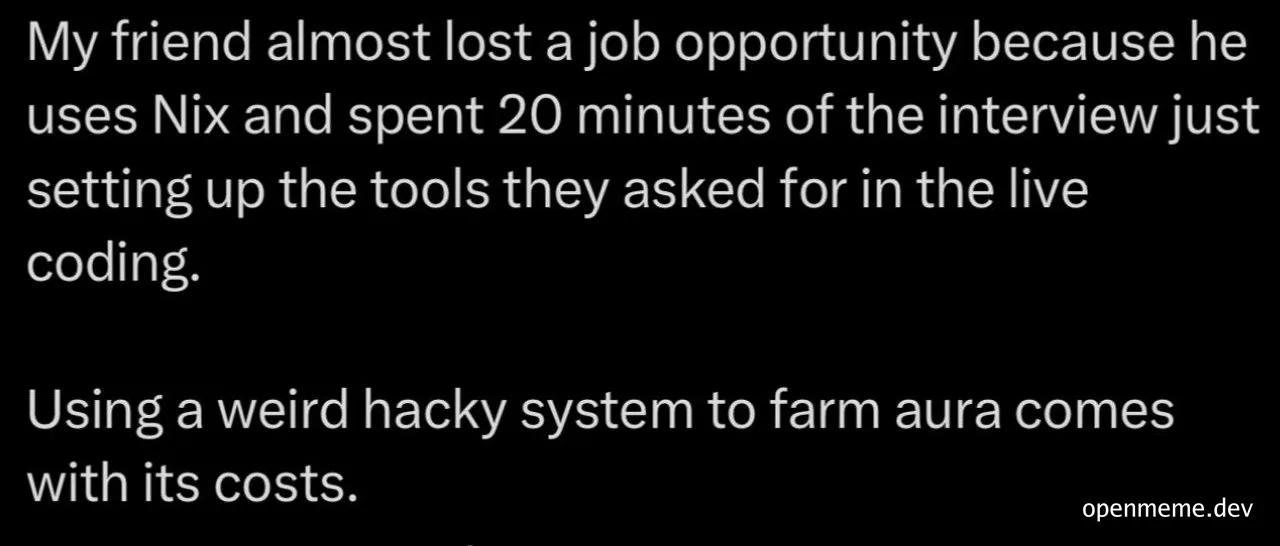 Text meme about a developer losing a job opportunity due to spending too much time setting up Nix during a live coding interview.