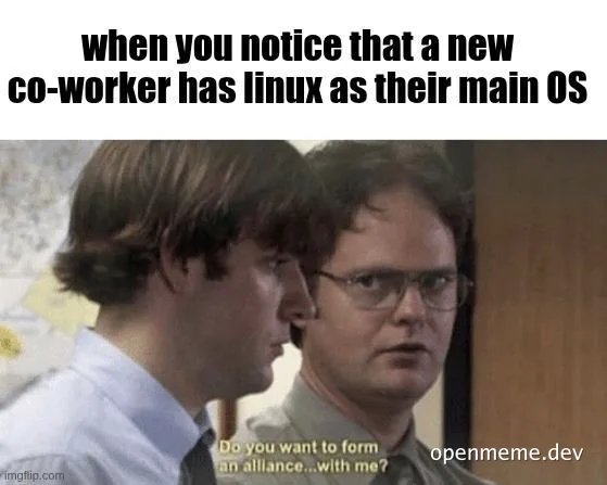 Two coworkers looking at each other with a serious expression, one with a white shirt and the other with glasses and a green shirt, with text about forming an alliance over Linux.