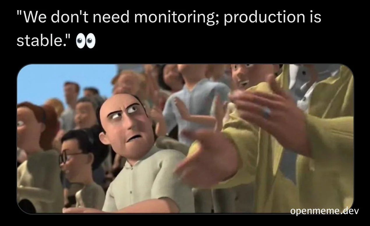 Cartoon character looking concerned with caption about production stability