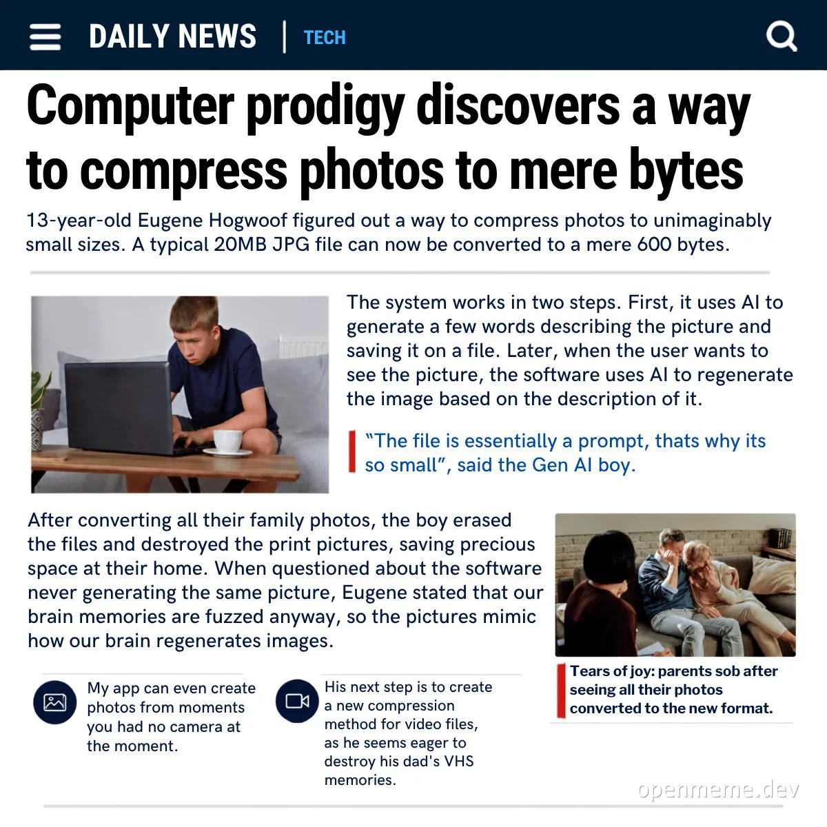Fake tech news page headlined 'Computer prodigy discovers a way to compress photos to mere bytes' showing a boy at a laptop and sobbing parents
