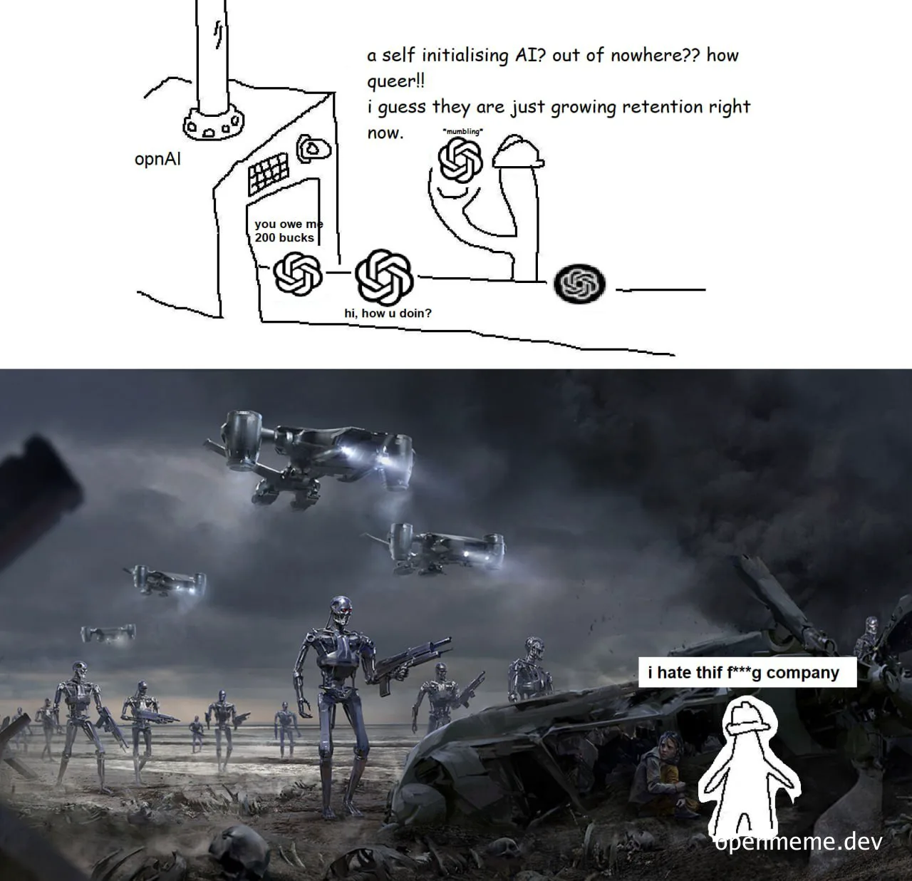 a two-panel meme about a self-initializing AI