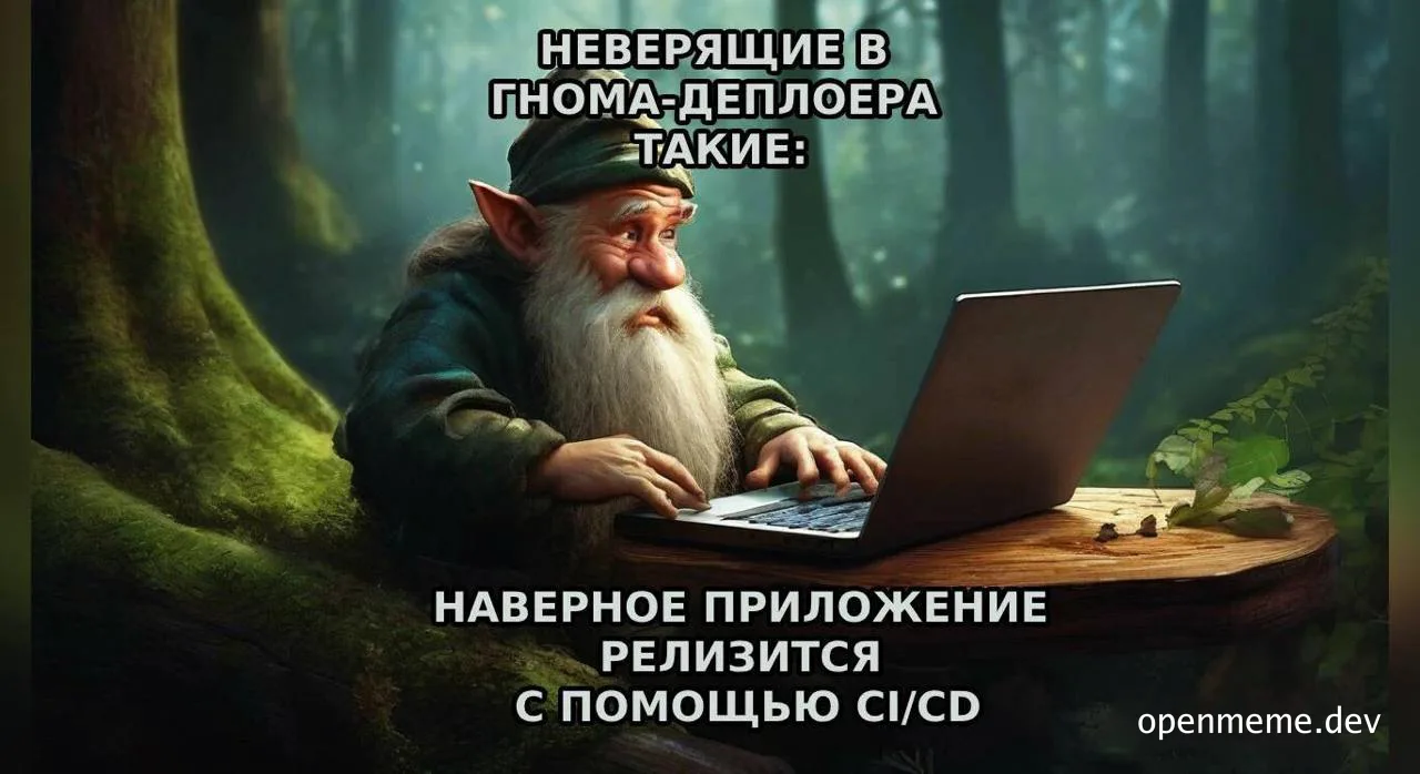 a gnom with a white beard and green hat sitting at a wooden table with a laptop