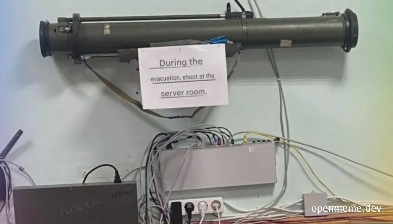 a server room with a sign that says 'During the evacuation, shoot at the server room'