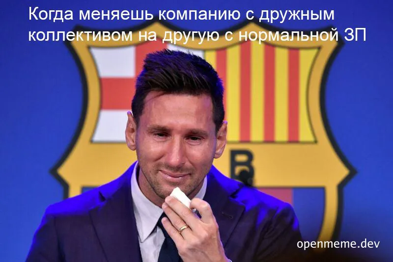 Lionel Messi in a suit wiping his mouth with a tissue in front of a Barcelona logo