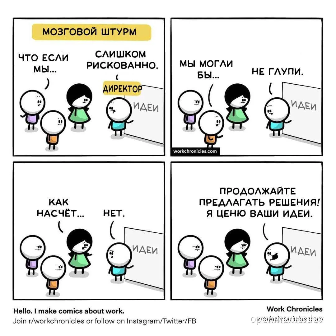 cartoon office scene with people discussing ideas