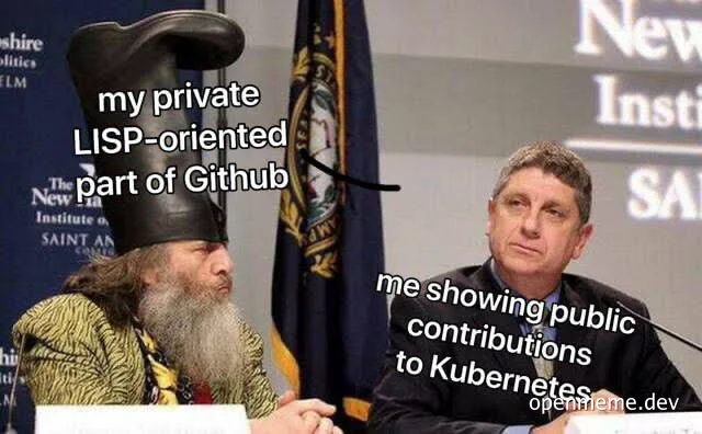 Two men sitting at a table with text overlay comparing private LISP-oriented GitHub contributions to public Kubernetes contributions