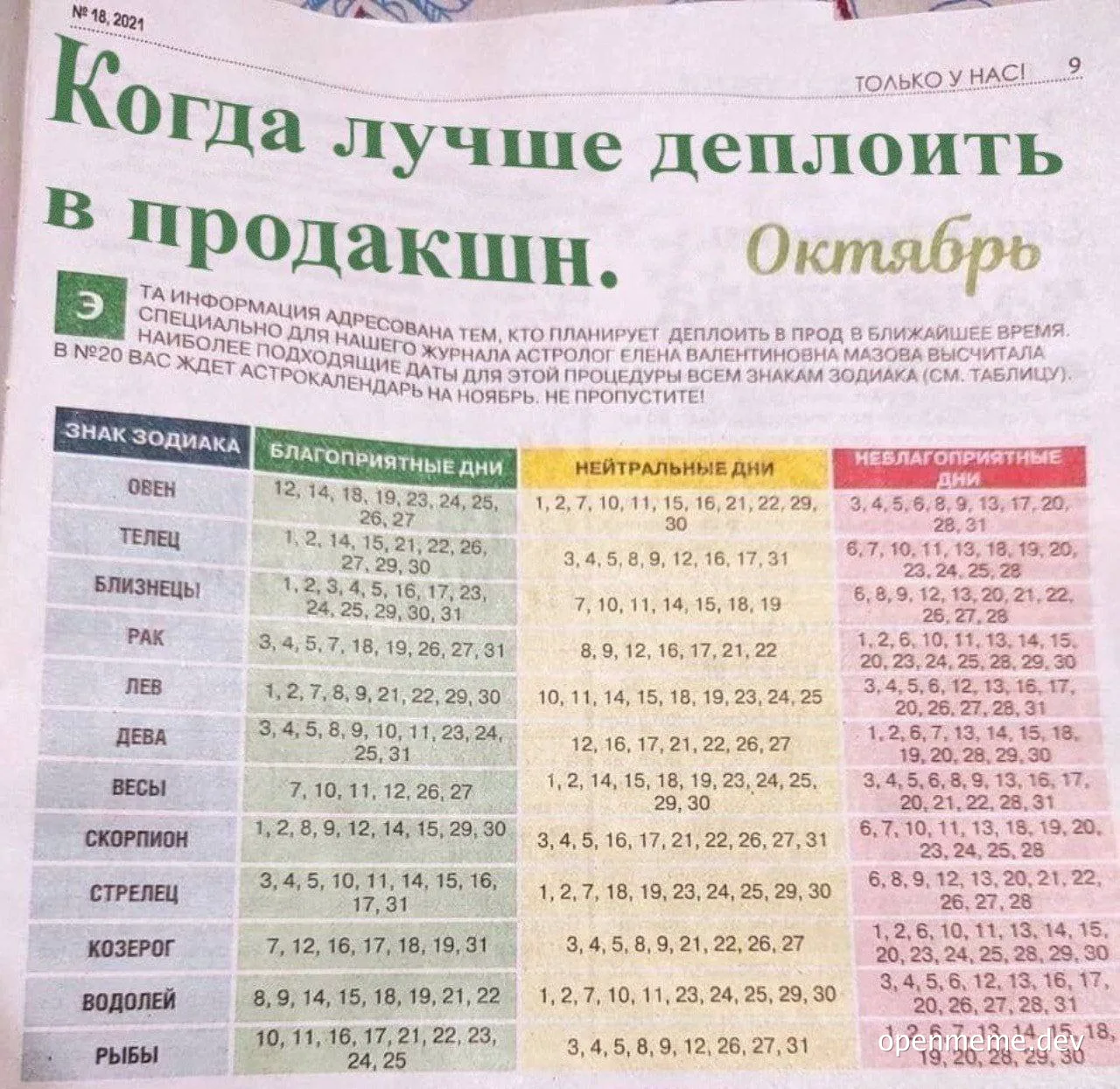 russian magazine page with astrology table for best deployment days