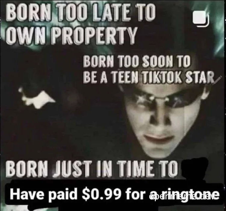 Meme of a person with text: Born too late to own property, born too soon to be a teen TikTok star, born just in time to have paid $0.99 for a ringtone