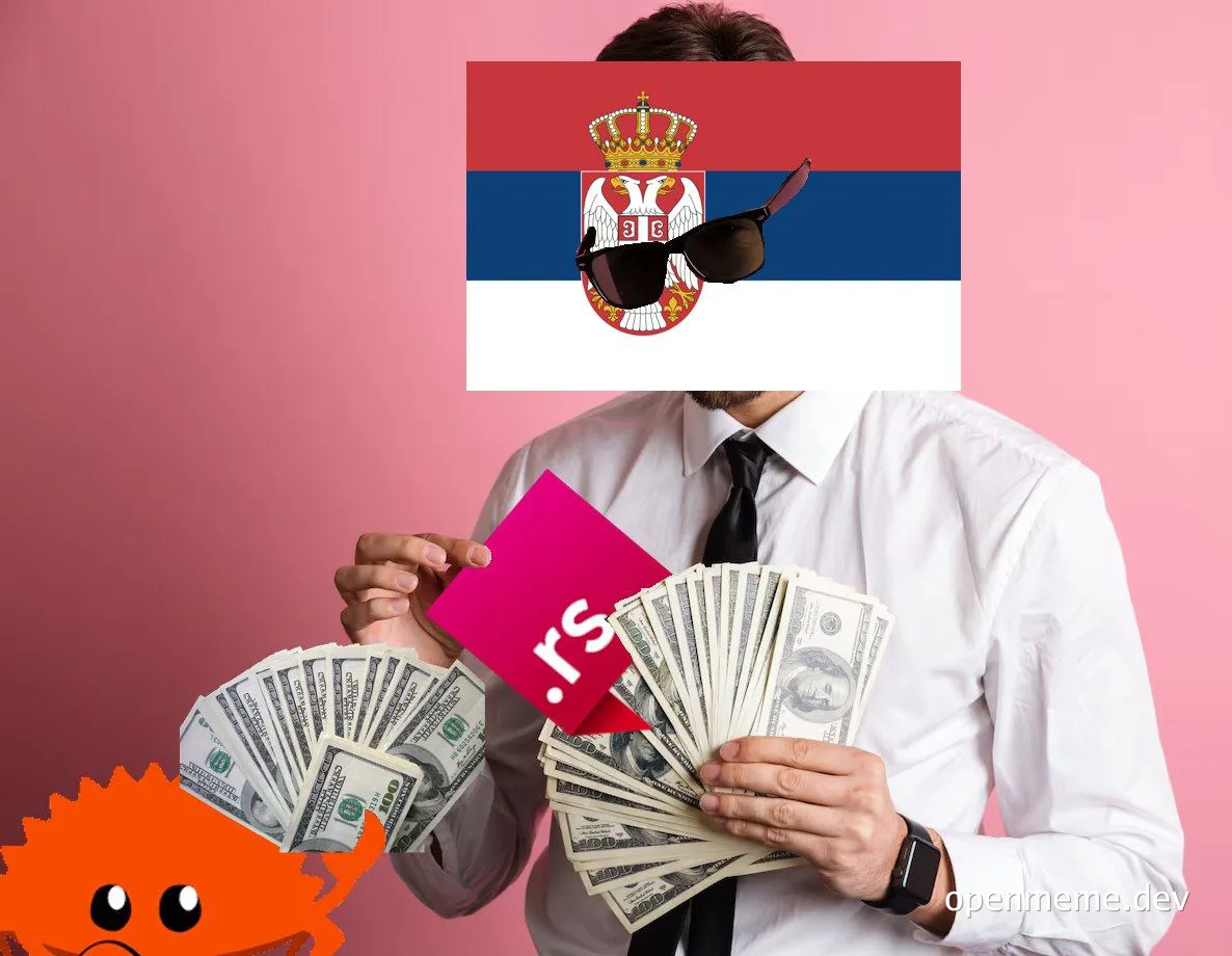 a man in a white shirt and black tie holds cash and a .rs domain, with a Serbian flag covering his face