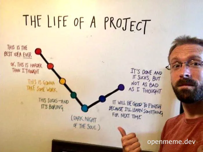 a man giving a thumbs up in front of a whiteboard with a graph titled 'THE LIFE OF A PROJECT'