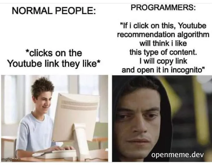 programmer vs normal person youtube algorithm meme