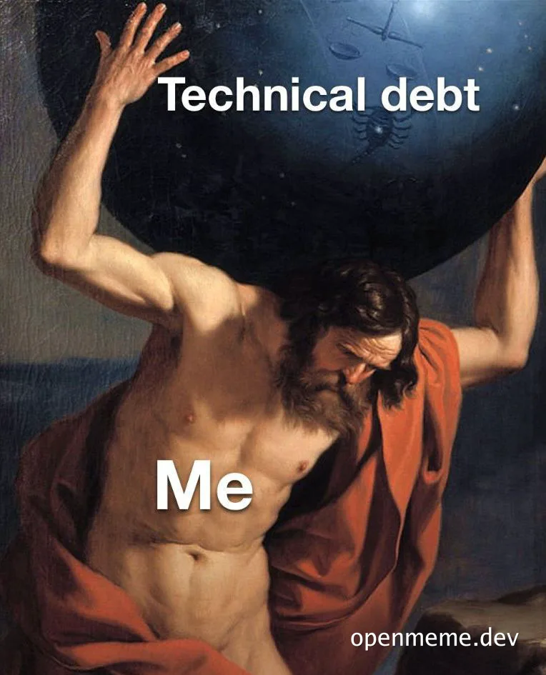 a man struggling to hold up a large ball labeled technical debt