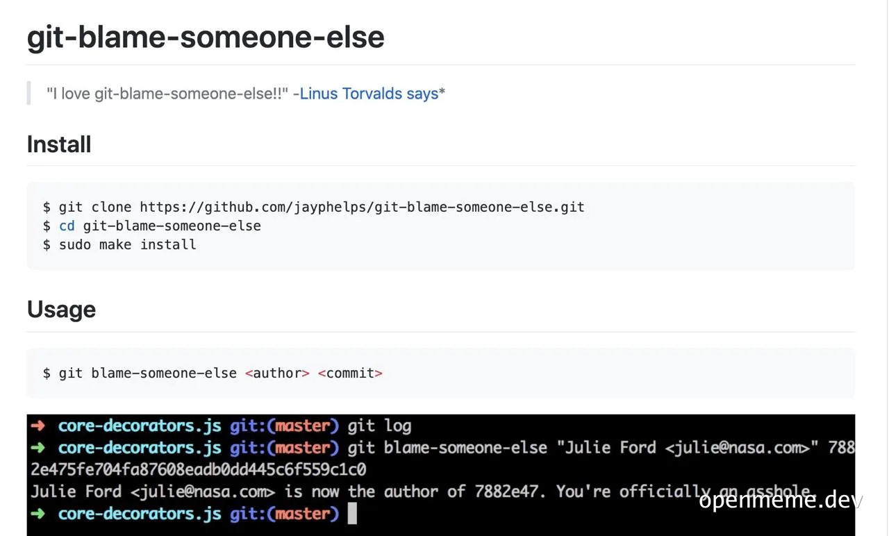 git-blame-someone-else meme with Linus Torvalds quote