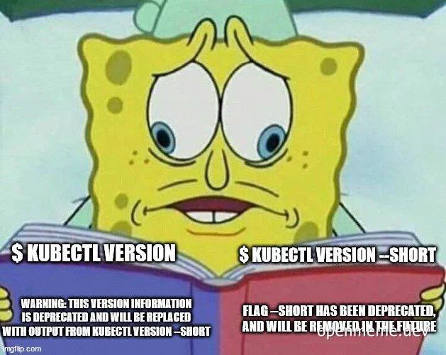 SpongeBob SquarePants confused reading book with kubectl version commands