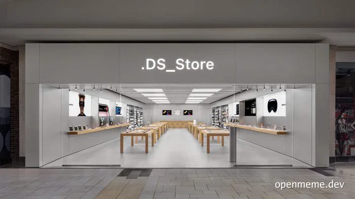 Apple Store storefront with a sign reading .DS_Store instead of the Apple logo