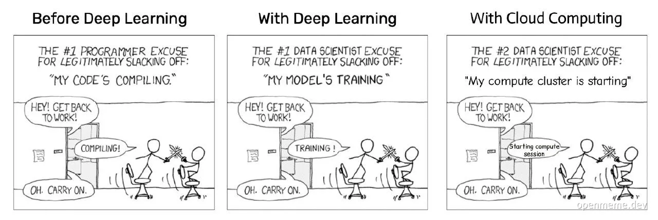 comic strip comparing programmer excuses before deep learning, with deep learning, and with cloud computing