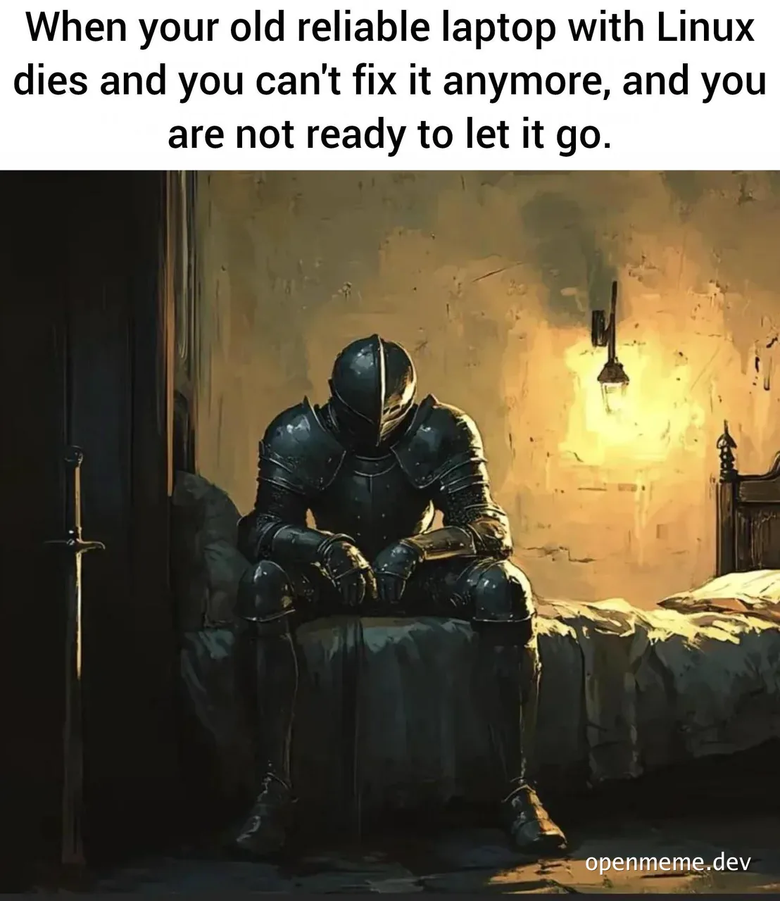 a knight sitting on a bed with his head down, mourning the loss of his laptop