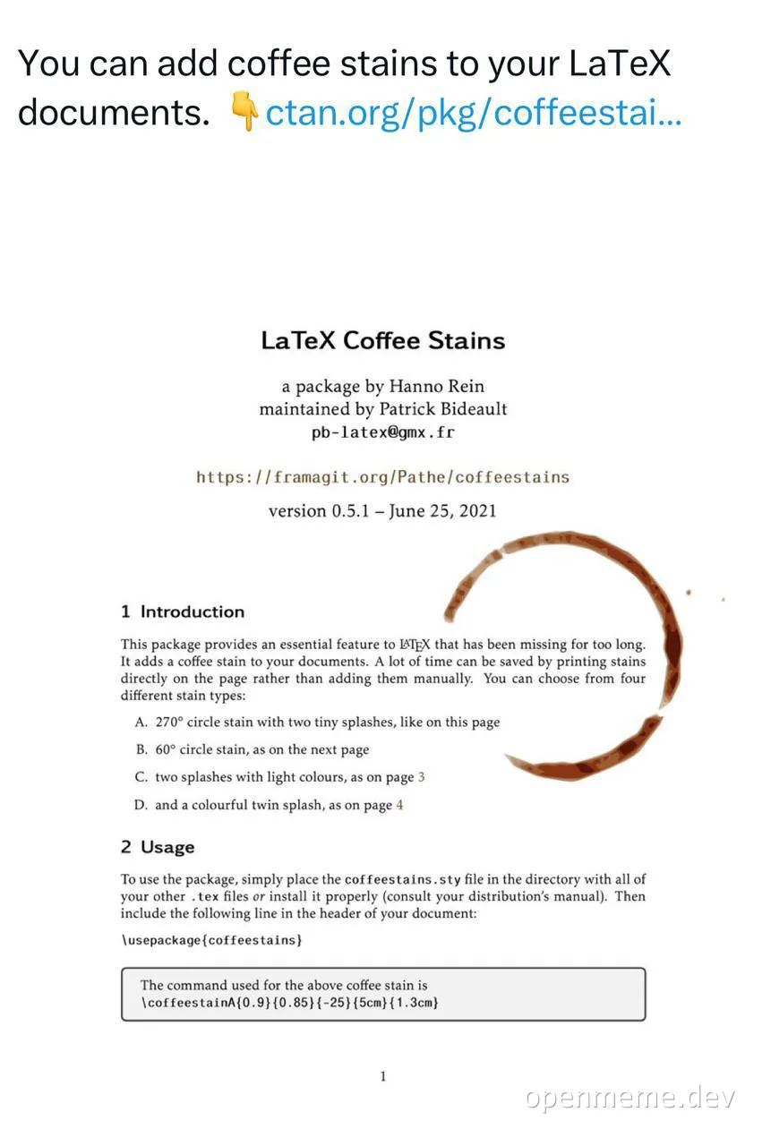 LaTeX Coffee Stains package documentation with coffee stain image