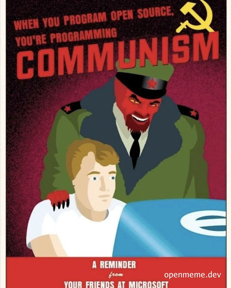 cartoon of a red devil in a soviet military uniform standing behind a man sitting at a computer with a Windows logo on the monitor