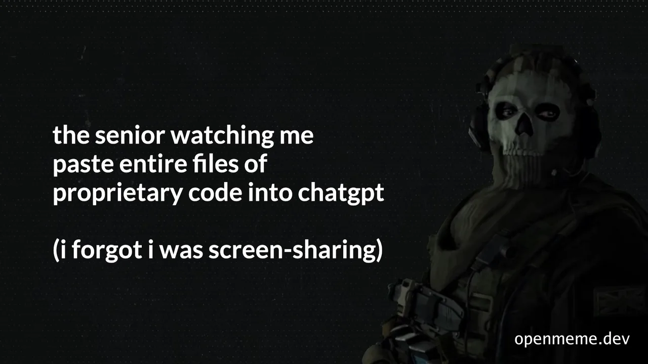 a soldier with a skull for a face looking worried with text about accidentally sharing proprietary code