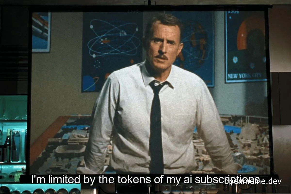 Stoic man in a white shirt and tie standing in a retro office, captioned 'I'm limited by the tokens of my ai subscriptions'