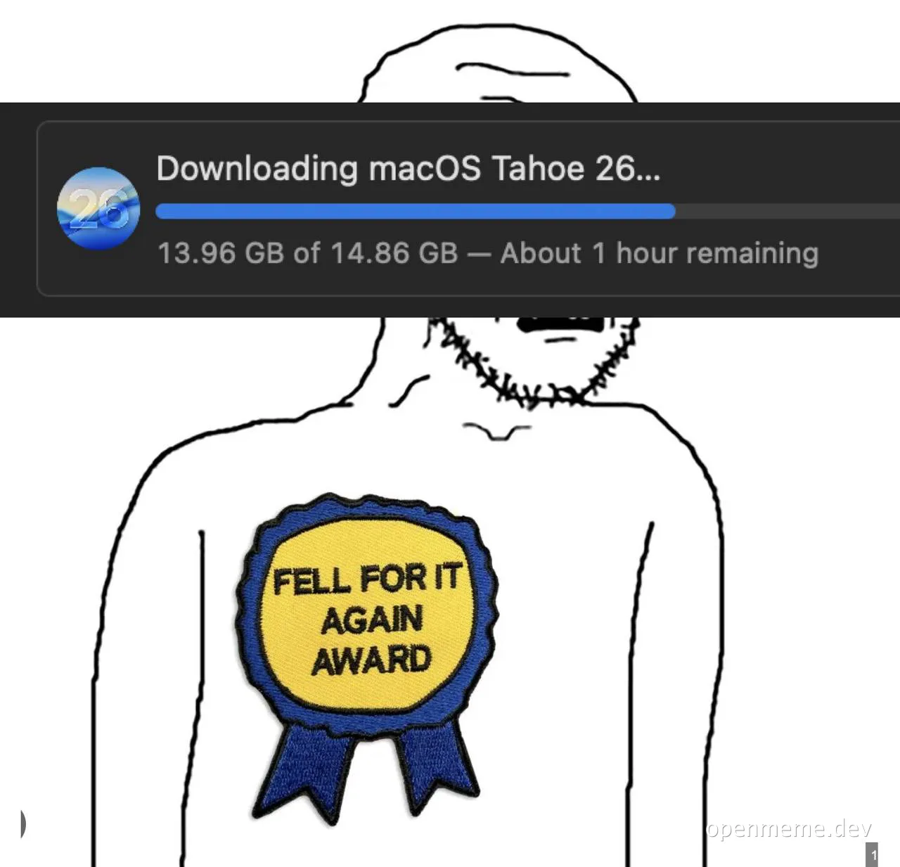 A simple line drawing of a person with a blue and yellow 'Fell For It Again Award' ribbon on their chest, and a screenshot of a slow macOS download above their head.