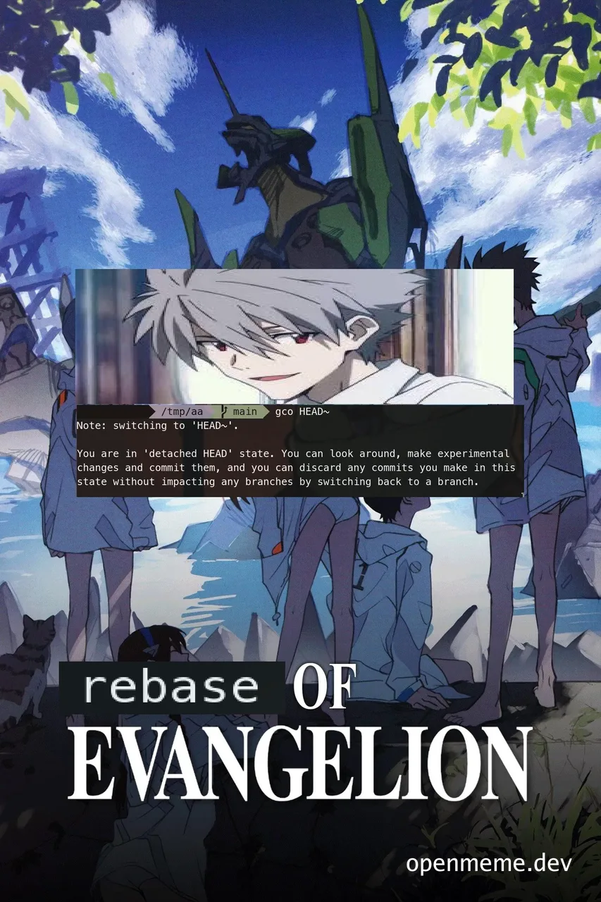 Anime character Kaworu Nagisa with a terminal window showing Git detached HEAD message, titled 'Rebase of Evangelion'