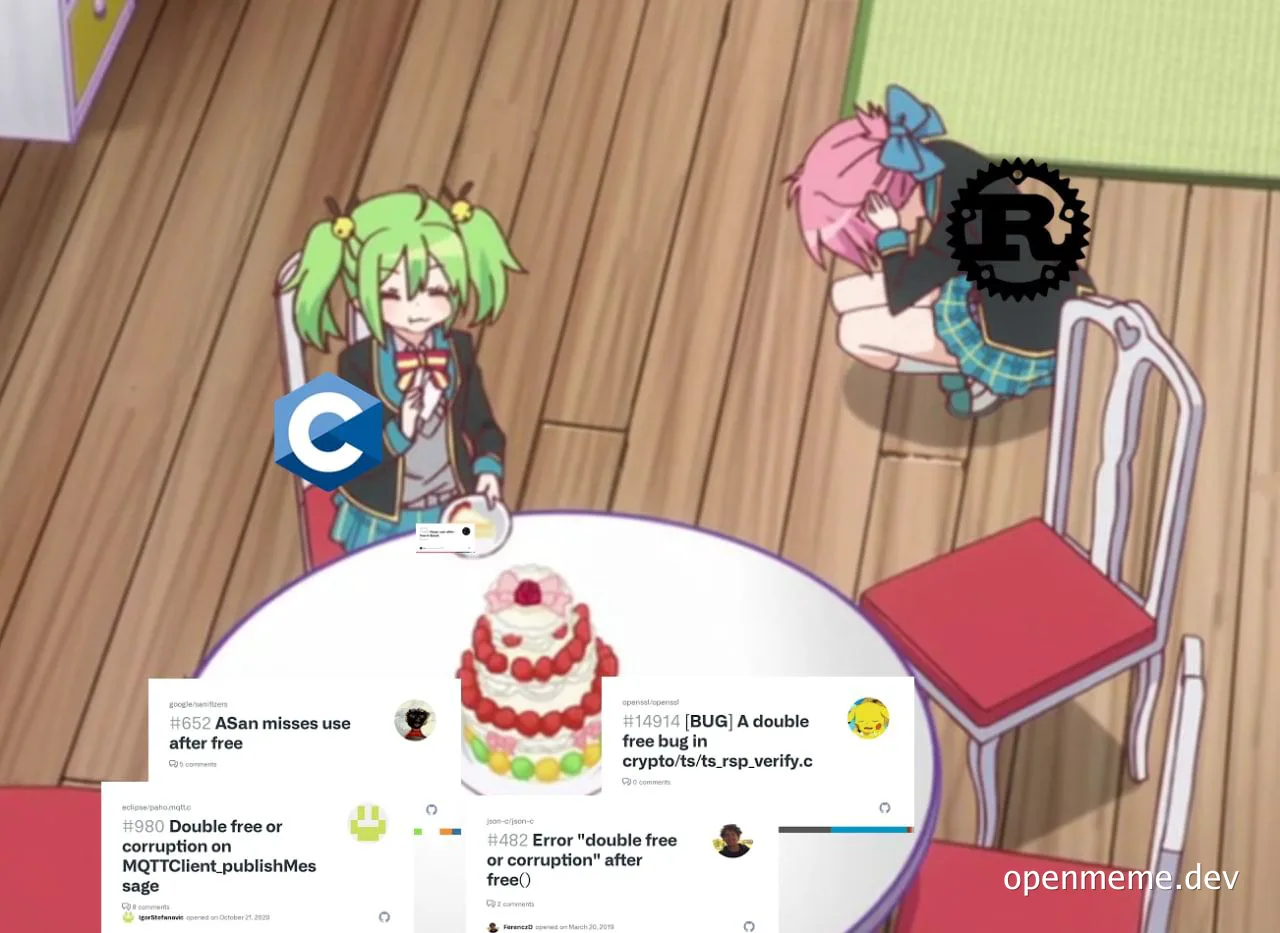 cartoon characters sitting at a table with a cake and computer error messages