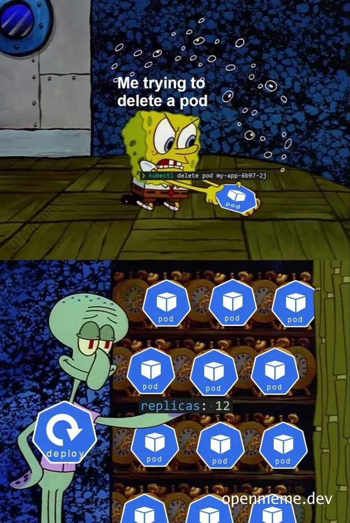 SpongeBob and Squidward meme about trying to delete a Kubernetes pod