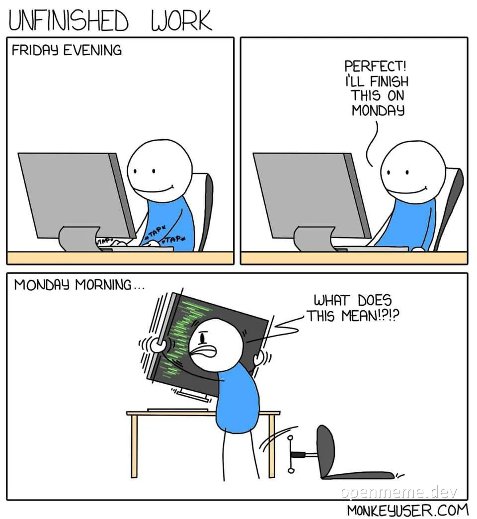 Cartoon developer procrastinates on Friday then freaks out on Monday