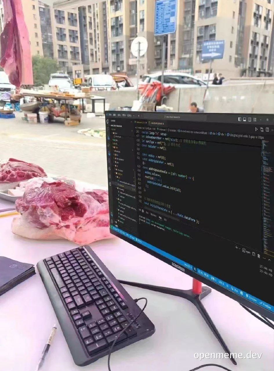 a computer monitor displaying code next to a keyboard and raw meat on a table