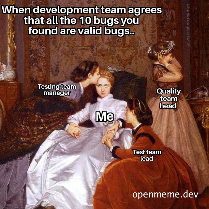relieved tester with team validating bugs